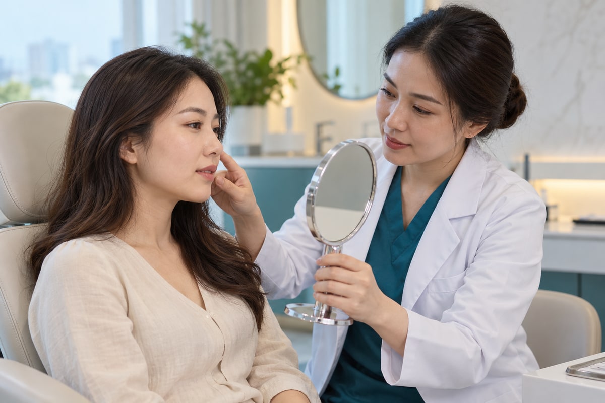 Illustrative facial-aesthetic consultation with a mirror