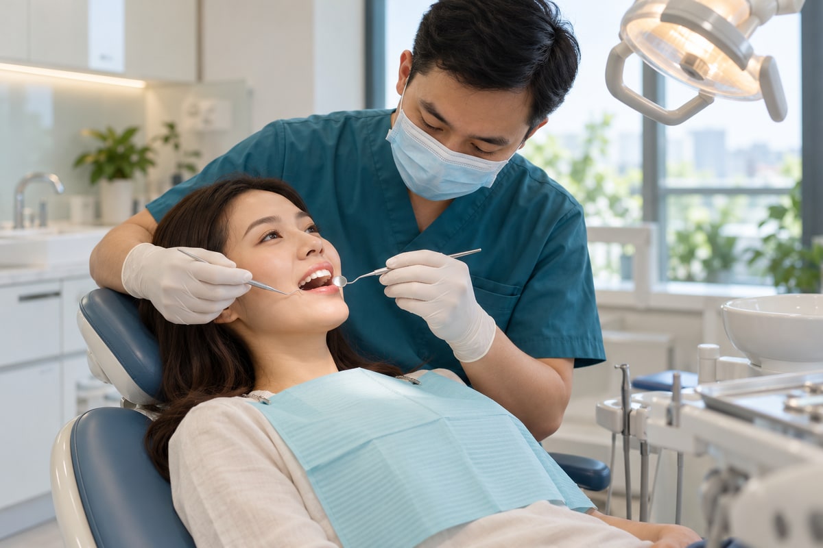Illustrative dental examination with a dentist and patient