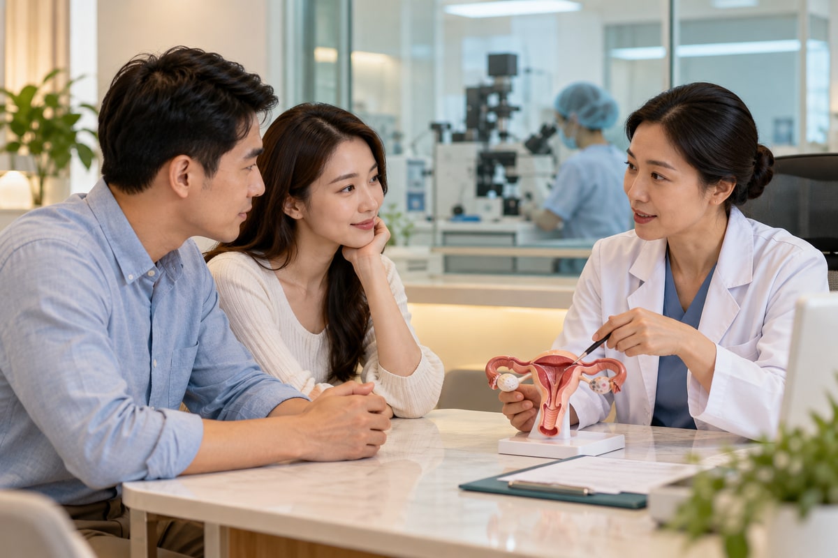Illustrative fertility consultation with a couple and anatomical model