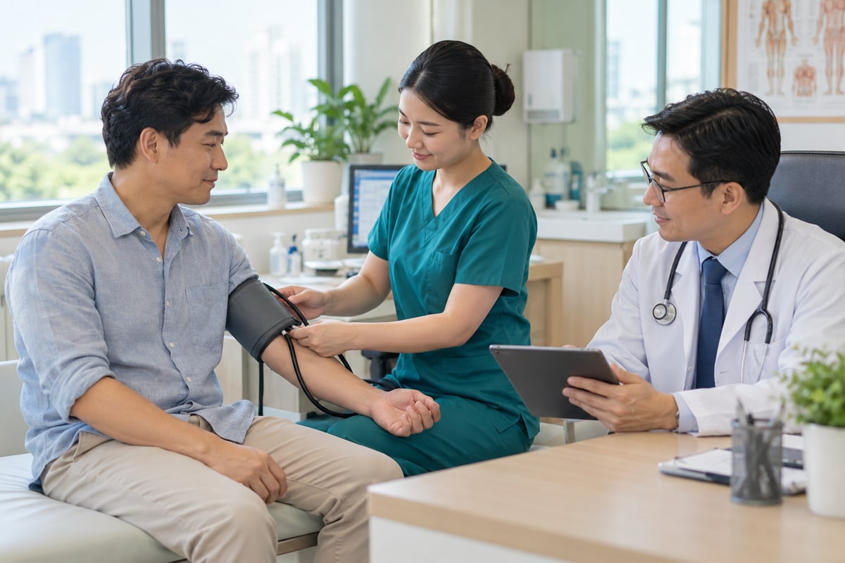 Illustrative health check-up with blood pressure assessment